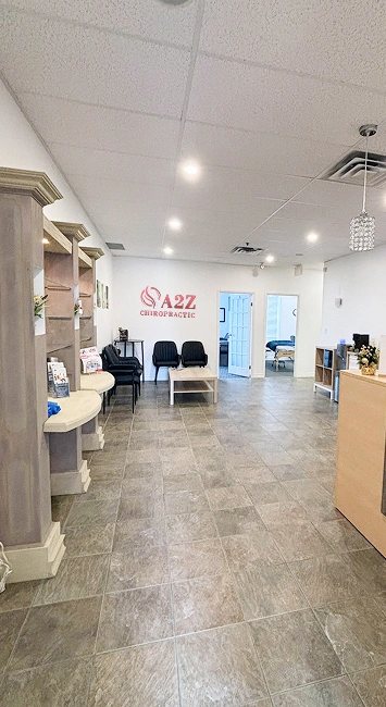 a2z chiropractic large reception area showcasing a beautifully tiled floor