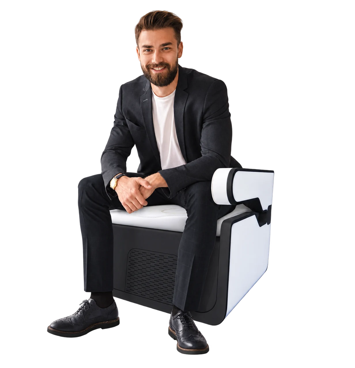 Man seated fully clothed on an electromagnetic pelvic floor chair